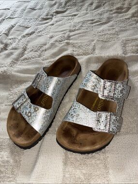 Papillio Silver Floral Double-Buckle Slide Sandals